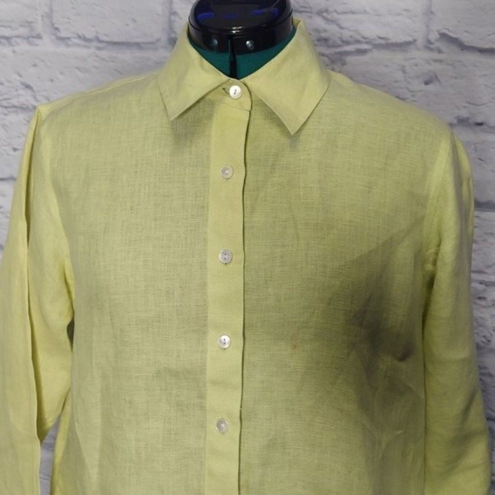 TALBOTS Womens citrine green 100% Irish linen button down shirt lagenlook Sz 8P - Picture 2 of 9